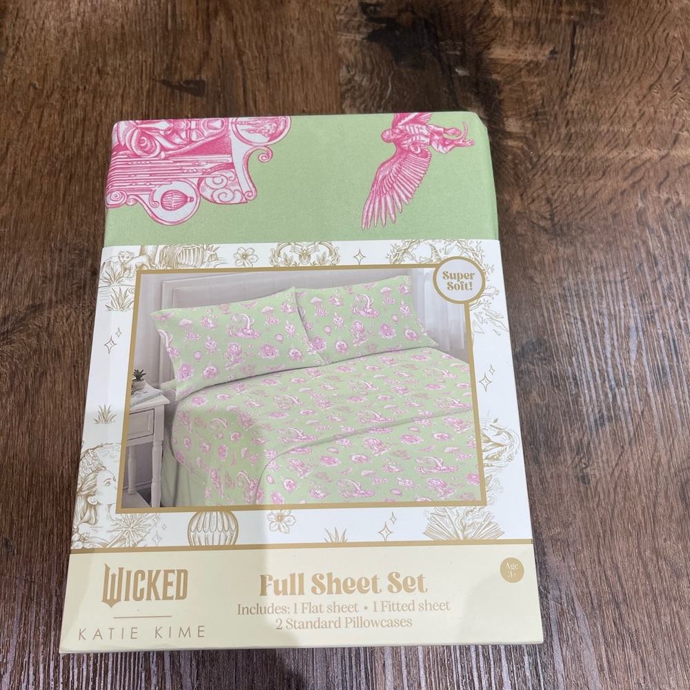 Wicked For Good X Katie Kime Green & Pink FULL Size Soft Bed Sheet 4 Pc Set
